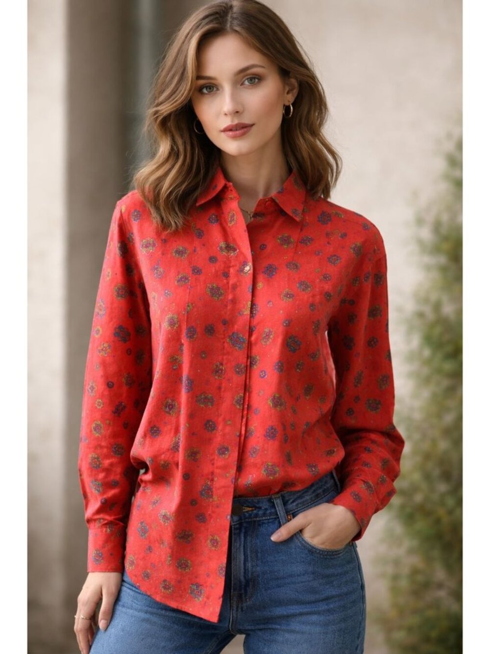 John Henry Vintage Collared Gems Pattern Red Long Sleeve Top Size M Preppy